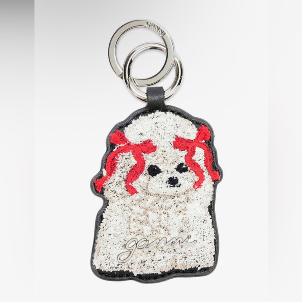 Ganni White Dog Keychain with Red Bows